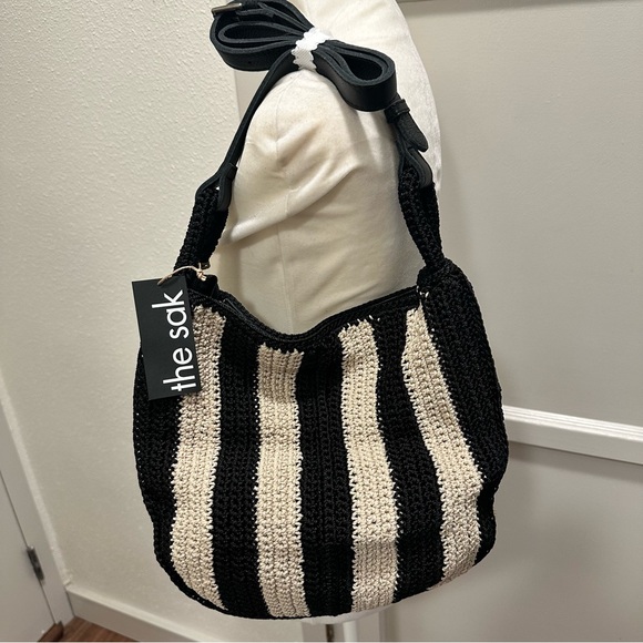 The Sak Los Feliz Crochet Medium Black and Cream Striped Crossbody Bag - Picture 2 of 5